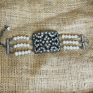 Vintage Haley Hill Signed Freshwater Pearl Rhinestones Art Deco Wide Bracelet OS